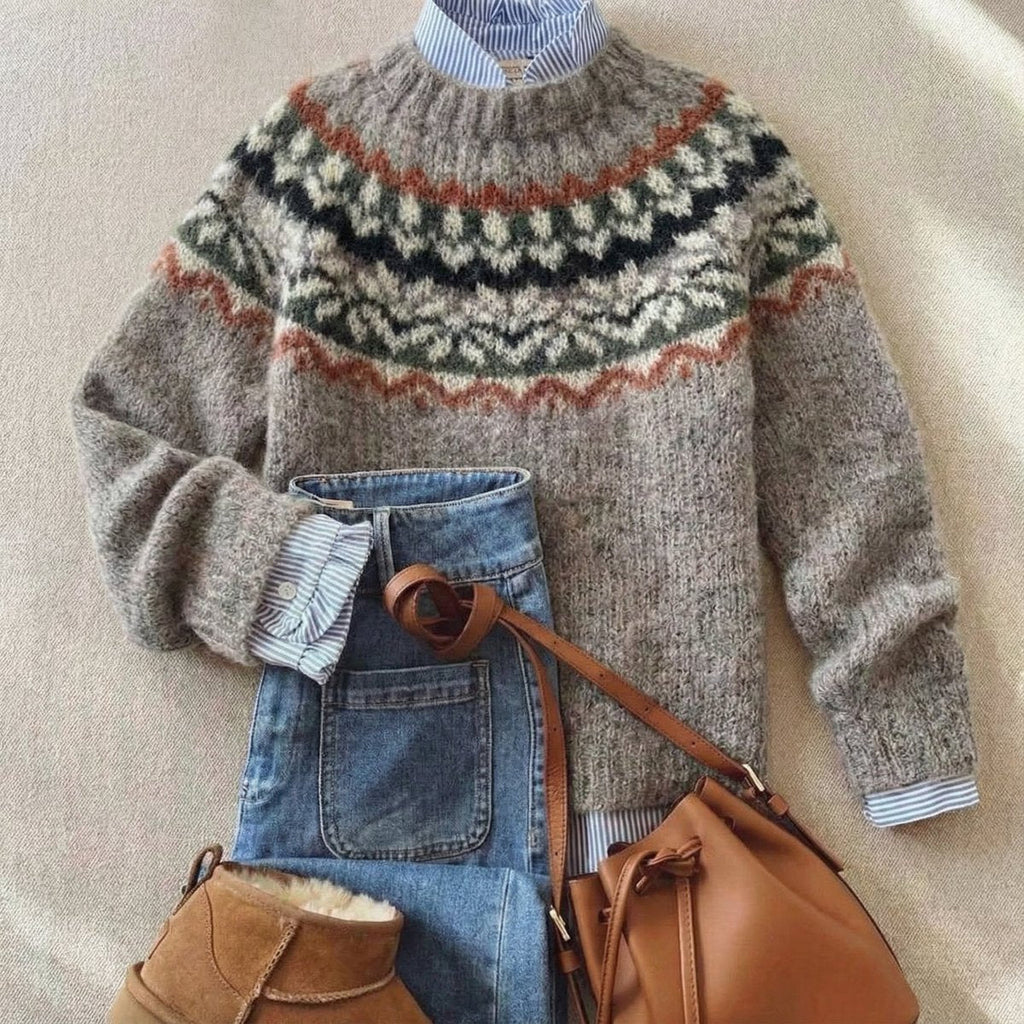 Pull Femme Motif Fair Isle Nordique Col Rond Oversize Casual Hiver - Hiverline
