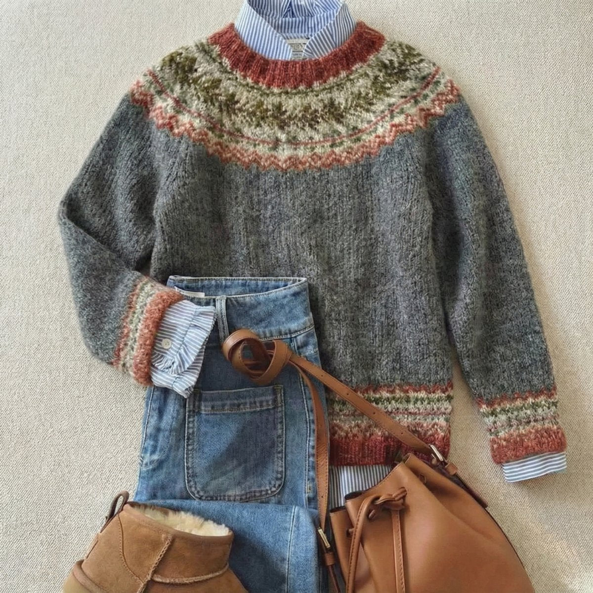 Pull Femme Motif Fair Isle Nordique Col Rond Oversize Casual Hiver - Hiverline