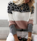 Pull Femme Oversize Col Rond Imprimé Léopard Color Block Casual Hiver - Hiverline