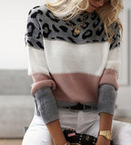 Pull Femme Oversize Col Rond Imprimé Léopard Color Block Casual Hiver - Hiverline