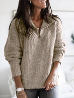 Pull Femme Oversize Demi-Zippé Côtelé Casual Hiver Chaud - Hiverline