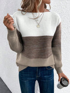 Pull Femme Oversize Tricoté à Blocs de Couleur Col Rond Manches Longues Casual Automne Hiver - Hiverline