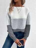 Pull Femme Oversize Tricoté à Blocs de Couleur Col Rond Manches Longues Casual Automne Hiver - Hiverline