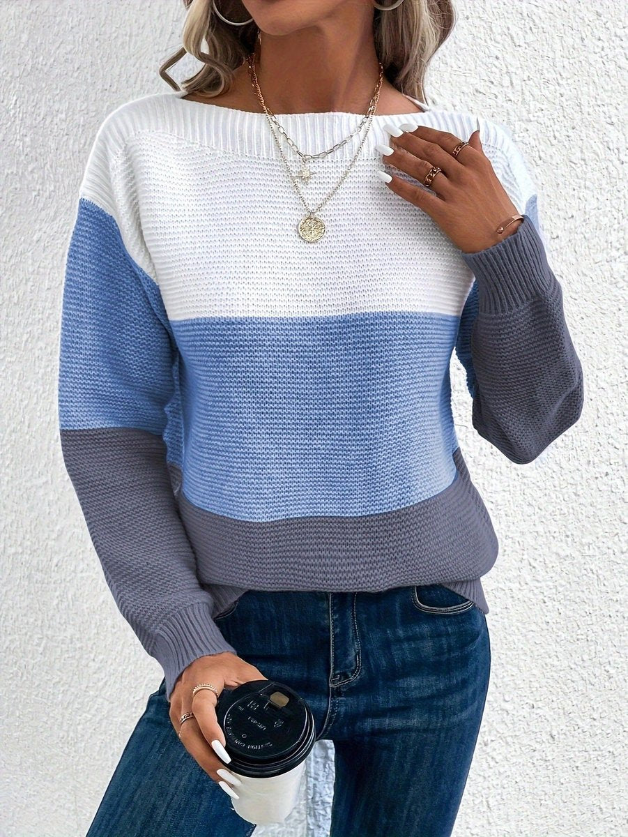 Pull Femme Oversize Tricoté à Blocs de Couleur Col Rond Manches Longues Casual Automne Hiver - Hiverline