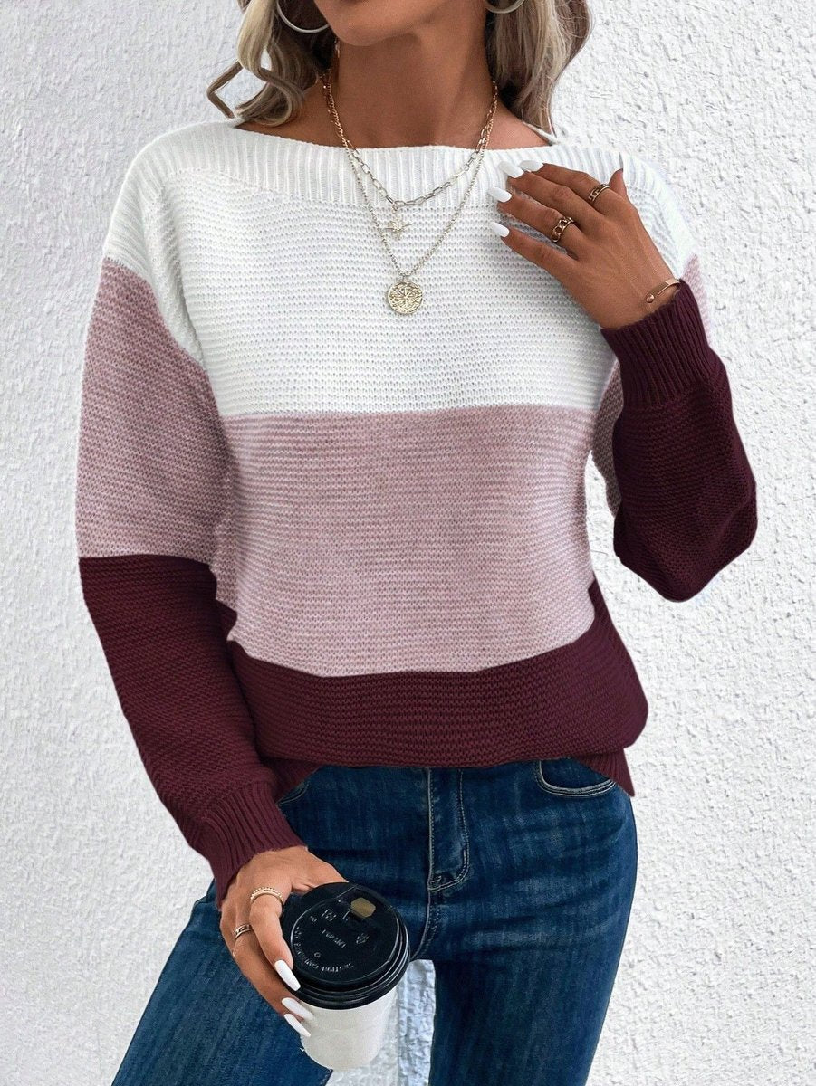 Pull Femme Oversize Tricoté à Blocs de Couleur Col Rond Manches Longues Casual Automne Hiver - Hiverline