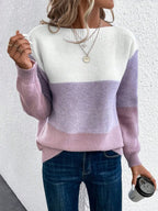Pull Femme Oversize Tricoté à Blocs de Couleur Col Rond Manches Longues Casual Automne Hiver - Hiverline