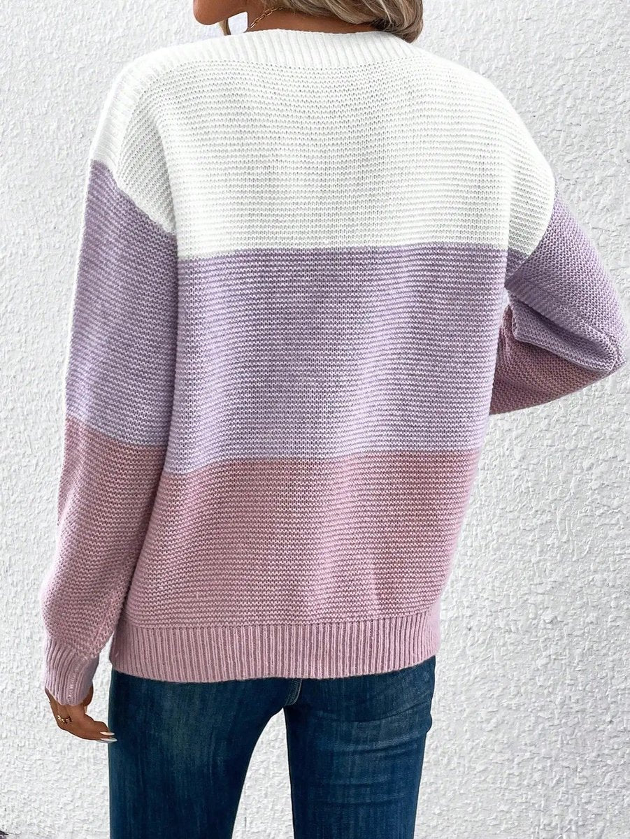 Pull Femme Oversize Tricoté à Blocs de Couleur Col Rond Manches Longues Casual Automne Hiver - Hiverline