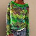 Pull Femme Tricot Argyle Colorblock Col Rond Manches Longues Oversize Casual Hiver - Hiverline