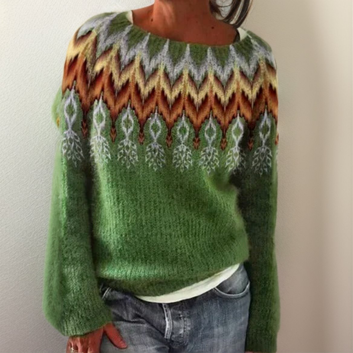 Pull Femme Tricot Fair Isle Col Rond Oversize Motif Géométrique Hiver Casual - Hiverline