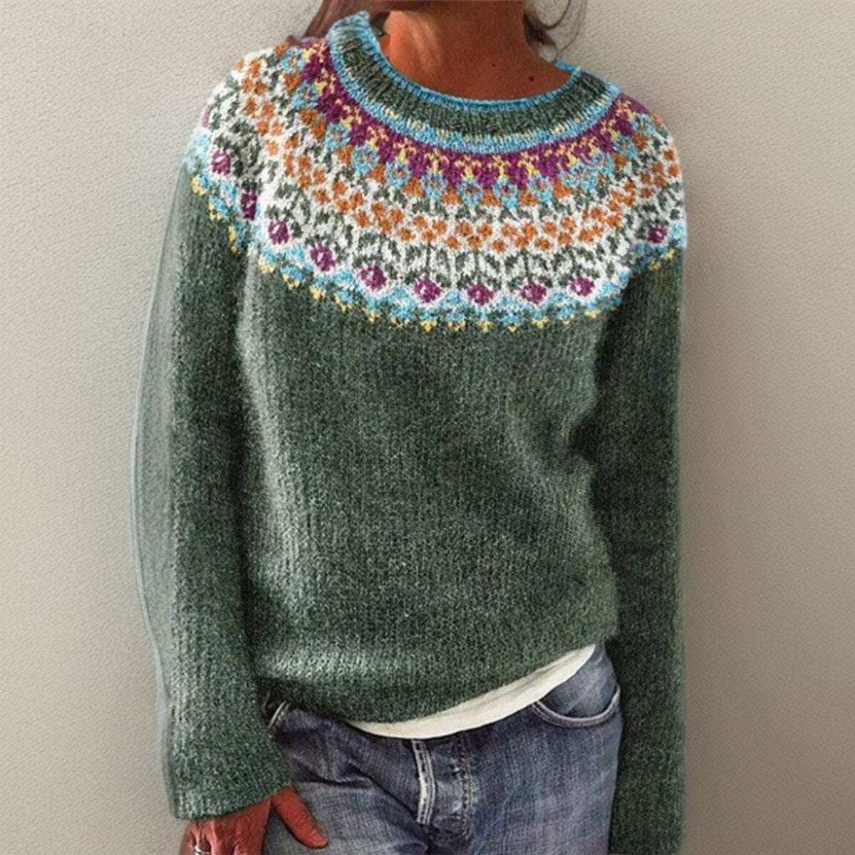 Pull Femme Tricot Floral Yoke Fair Isle Col Rond Manches Longues Casual Hiver - Hiverline