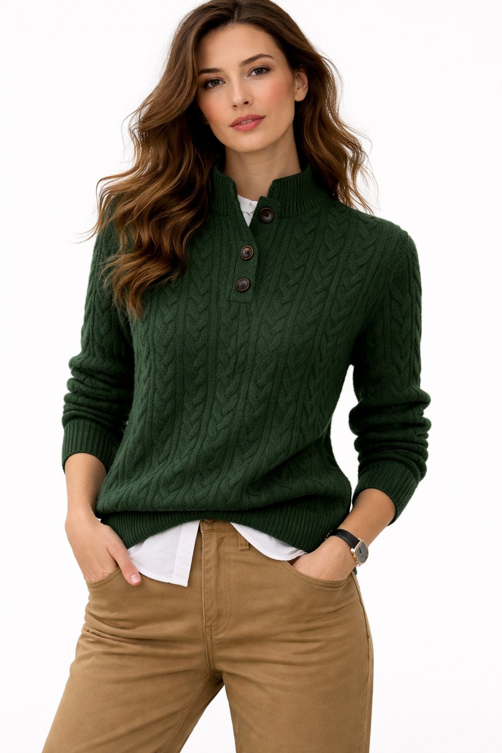 Pull Femme Tricot Torsadé Col Boutons Laine Mélangée Casual Automne Hiver - Hiverline