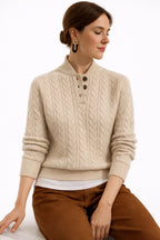 Pull Femme Tricot Torsadé Col Boutons Laine Mélangée Casual Automne Hiver - Hiverline