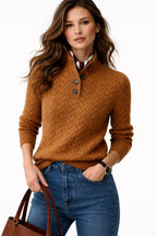 Pull Femme Tricot Torsadé Col Boutons Laine Mélangée Casual Automne Hiver - Hiverline