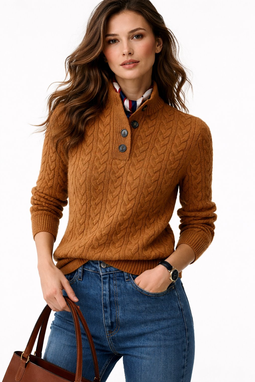 Pull Femme Tricot Torsadé Col Boutons Laine Mélangée Casual Automne Hiver - Hiverline