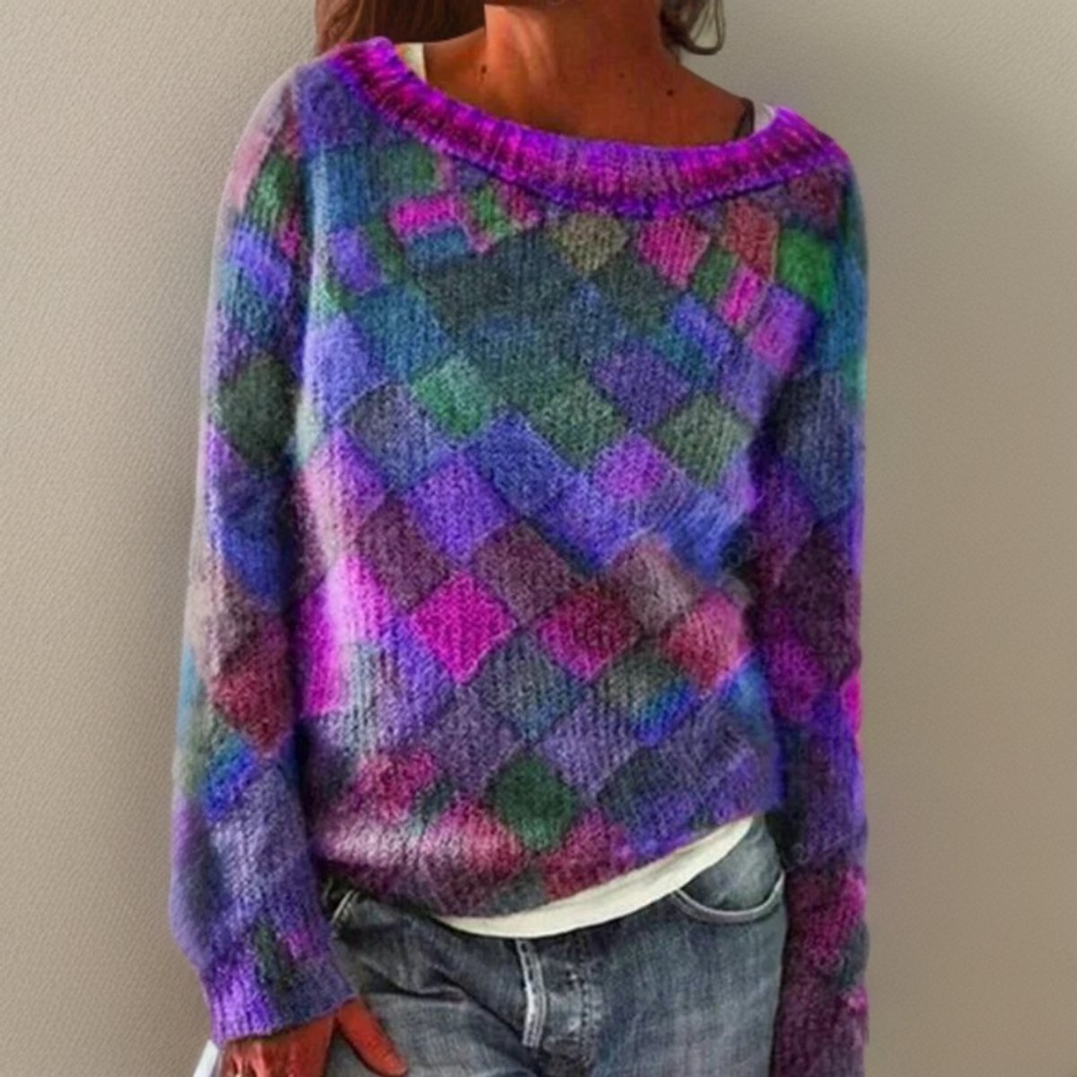 Pull Femme Tricoté Motif Losange Argyle Oversize Décontracté Automne Hiver - Hiverline