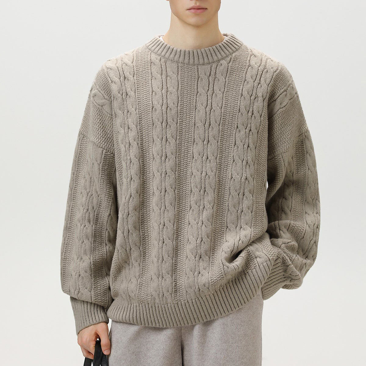 Pull Homme Torsadé Col Rond Oversize Manches Longues - Hiverline