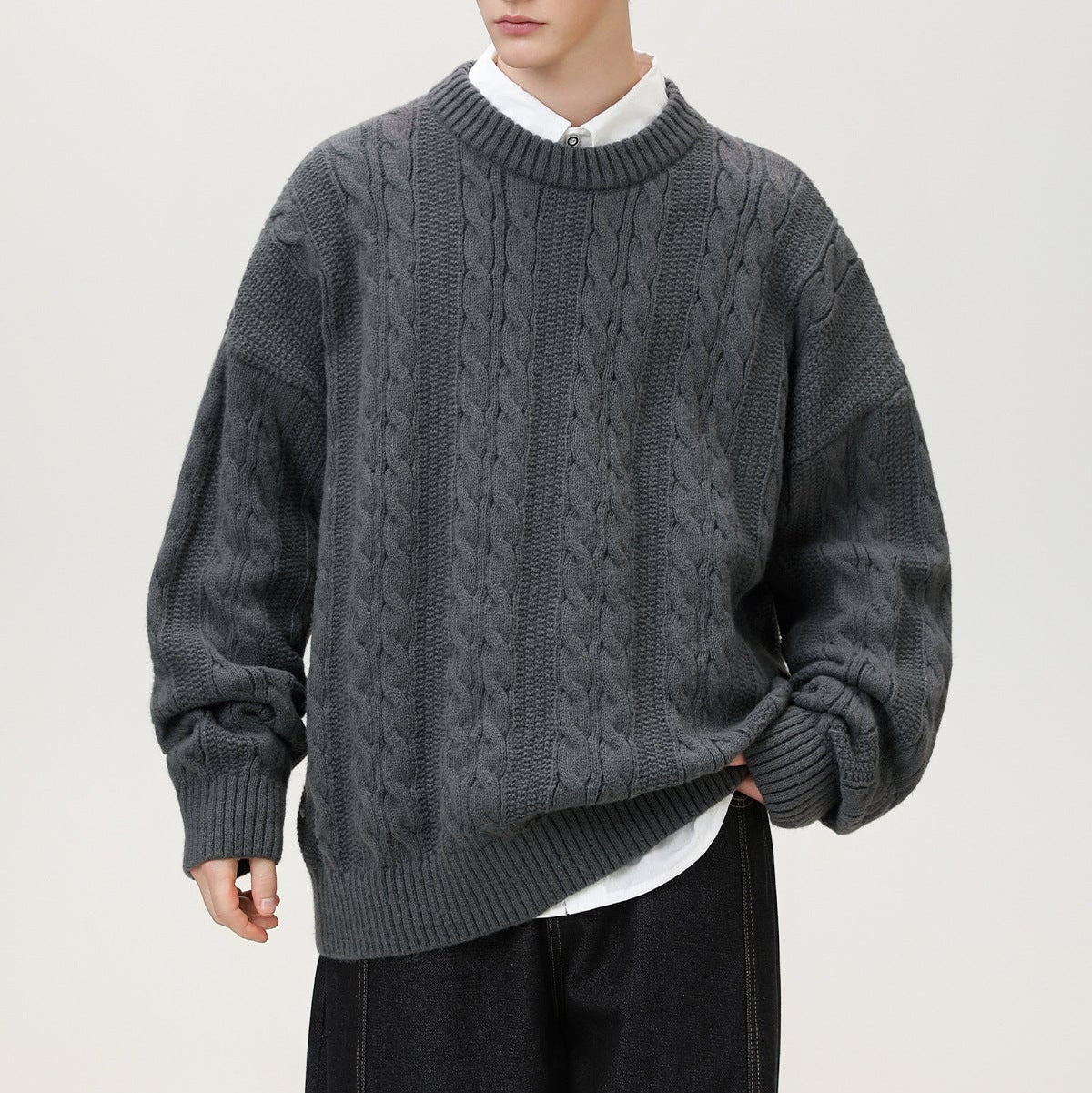 Pull Homme Torsadé Col Rond Oversize Manches Longues - Hiverline