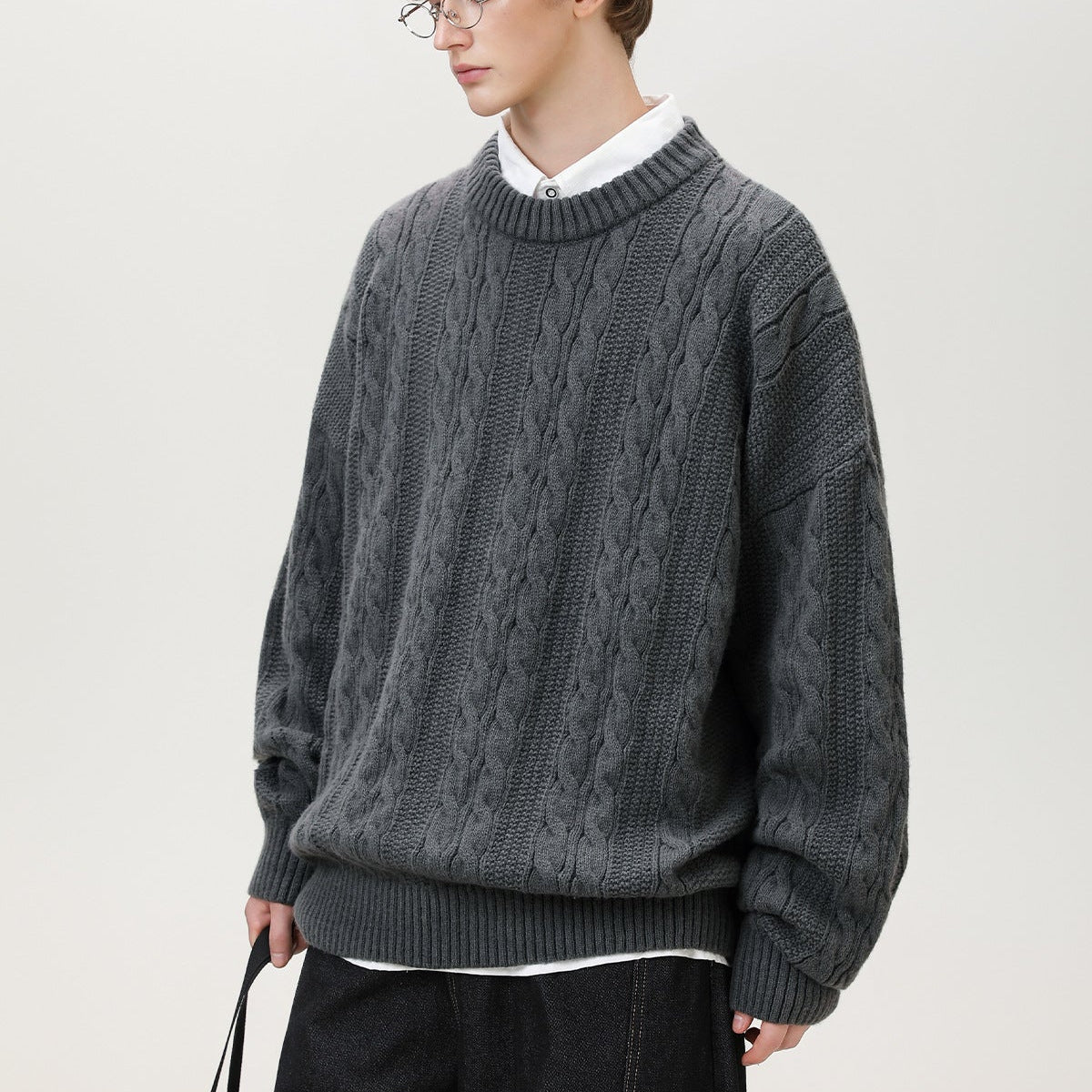 Pull Homme Torsadé Col Rond Oversize Manches Longues - Hiverline