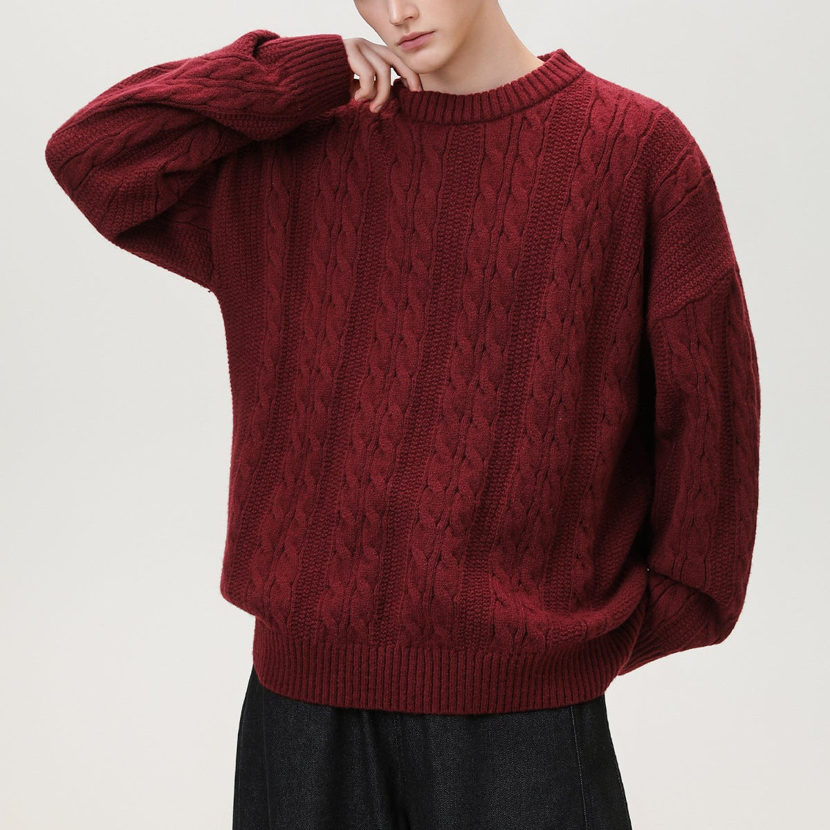 Pull Homme Torsadé Col Rond Oversize Manches Longues - Hiverline