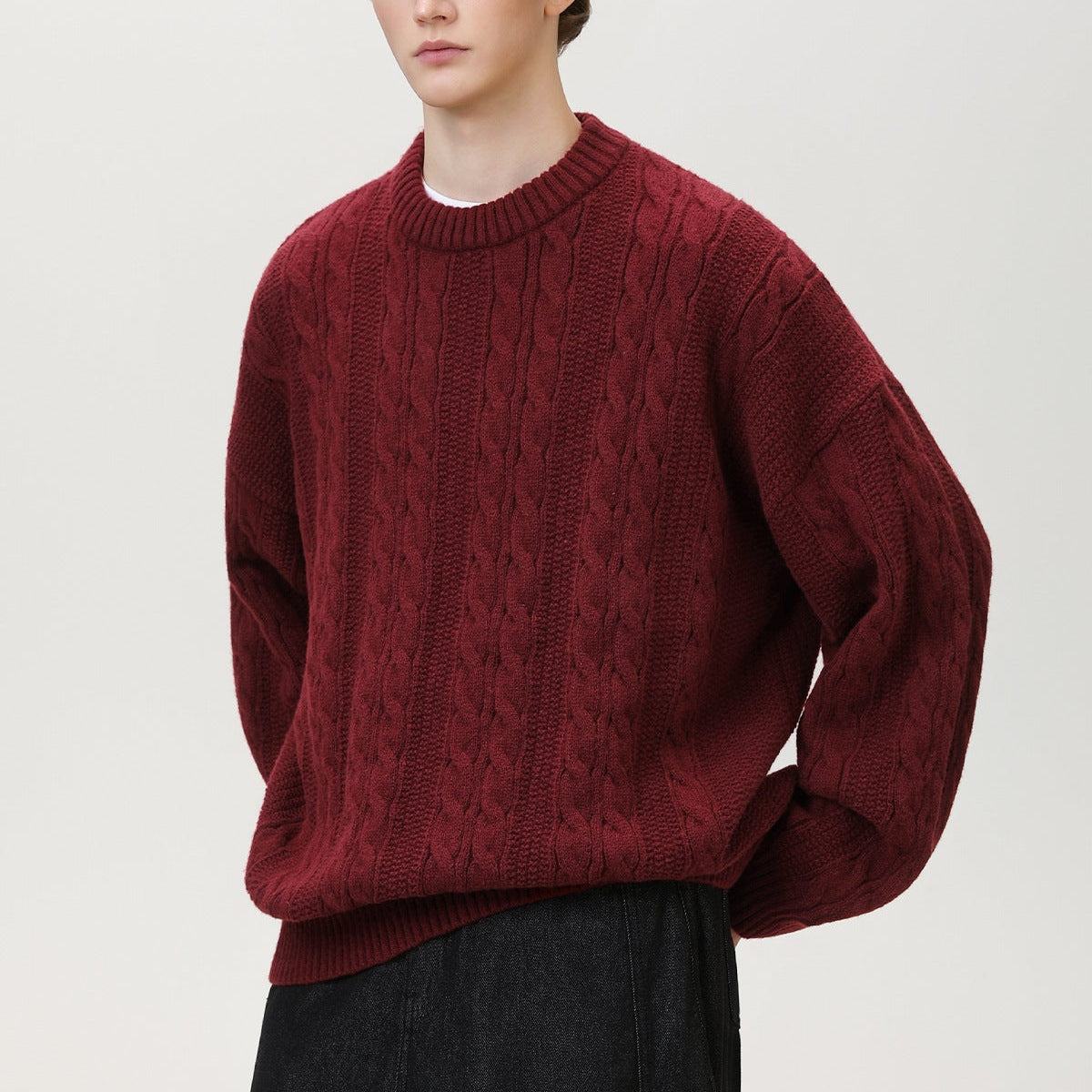 Pull Homme Torsadé Col Rond Oversize Manches Longues - Hiverline