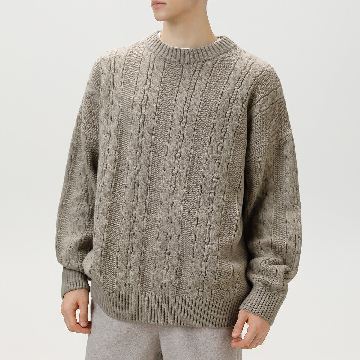 Pull Homme Torsadé Col Rond Oversize Manches Longues - Hiverline