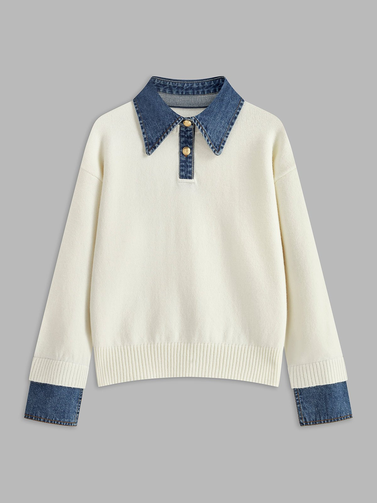 Pull Polo Femme Col Denim Tricoté Casual Smart-Casual Quotidien - Hiverline