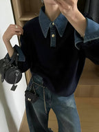Pull Polo Femme Col Denim Tricoté Casual Smart-Casual Quotidien - Hiverline