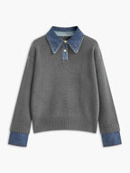 Pull Polo Femme Col Denim Tricoté Casual Smart-Casual Quotidien - Hiverline