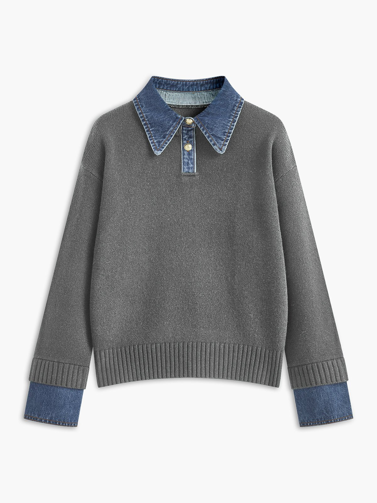Pull Polo Femme Col Denim Tricoté Casual Smart-Casual Quotidien - Hiverline