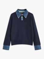 Pull Polo Femme Col Denim Tricoté Casual Smart-Casual Quotidien - Hiverline