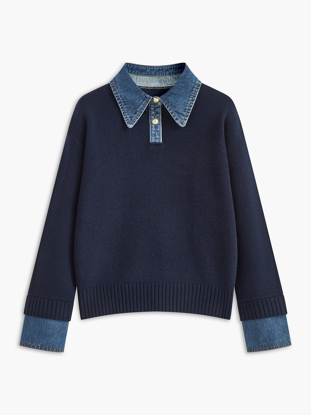 Pull Polo Femme Col Denim Tricoté Casual Smart-Casual Quotidien - Hiverline