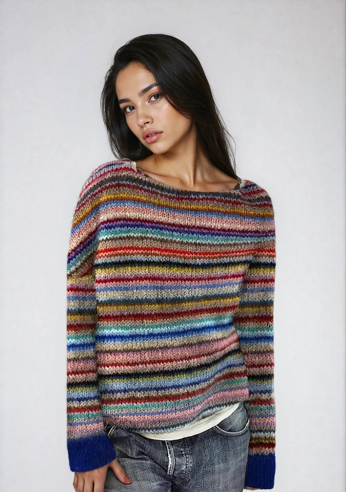 Pull Tricoté Femme Col Bateau Rayures Multicolores Rétro Oversize Manches Longues - Hiverline