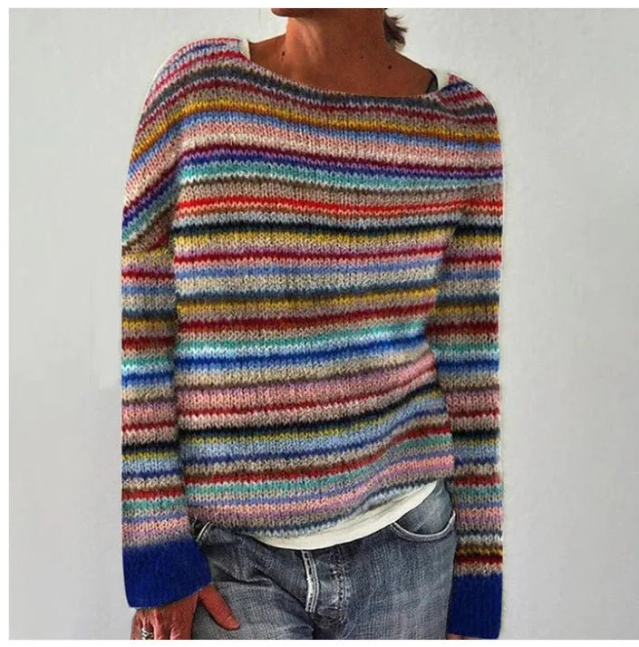 Pull Tricoté Femme Col Bateau Rayures Multicolores Rétro Oversize Manches Longues - Hiverline