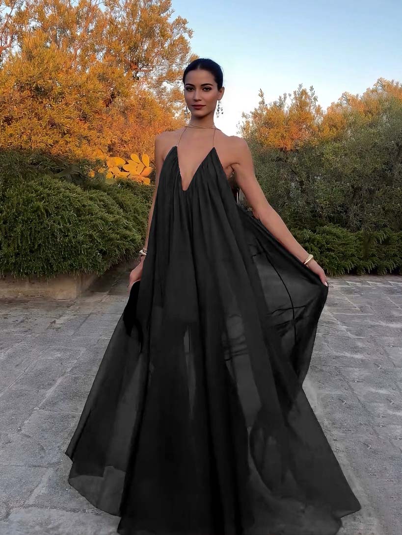 Vestido largo mujer gasa fluida cuello en V elegante etérea boda noche romántica fiesta en jardín gala ceremonia – Chiffonelle