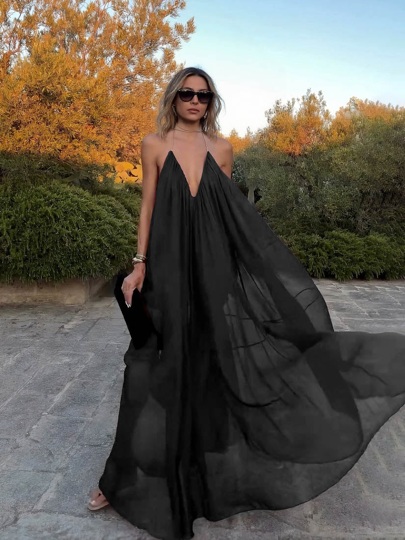 Vestido largo mujer gasa fluida cuello en V elegante etérea boda noche romántica fiesta en jardín gala ceremonia – Chiffonelle