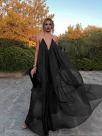 Vestido largo mujer gasa fluida cuello en V elegante etérea boda noche romántica fiesta en jardín gala ceremonia – Chiffonelle