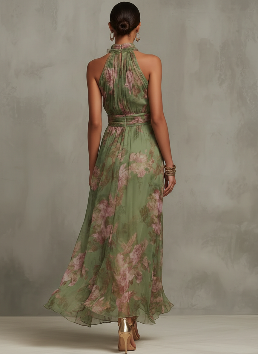 Robe Femme Florale Maxi Col Halter Invitée Mariage Champêtre Cérémonie Fluide - Hiverline