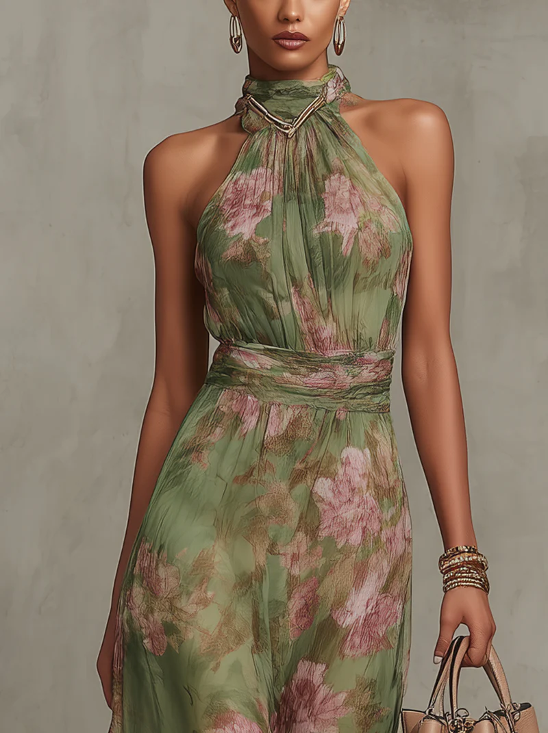 Robe Femme Florale Maxi Col Halter Invitée Mariage Champêtre Cérémonie Fluide - Hiverline