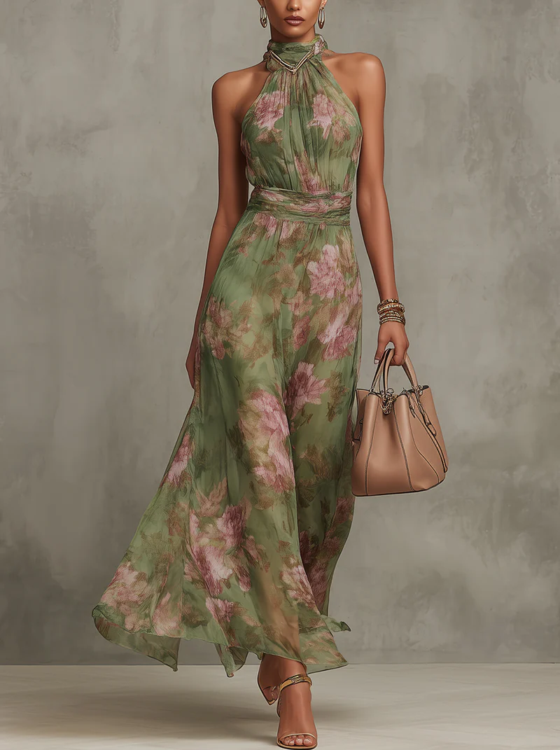 Robe Femme Florale Maxi Col Halter Invitée Mariage Champêtre Cérémonie Fluide - Hiverline
