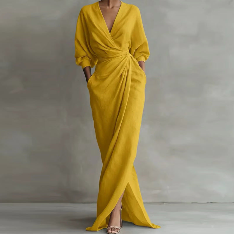 Robe Longue Drapée Col V Manches Trois-Quarts Invitée Mariage Cérémonie Cocktail Femme - Hiverline