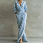 Robe Longue Drapée Col V Manches Trois-Quarts Invitée Mariage Cérémonie Cocktail Femme - Hiverline