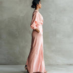 Robe Longue Drapée Col V Manches Trois-Quarts Invitée Mariage Cérémonie Cocktail Femme - Hiverline