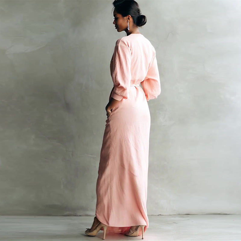 Robe Longue Drapée Col V Manches Trois-Quarts Invitée Mariage Cérémonie Cocktail Femme - Hiverline