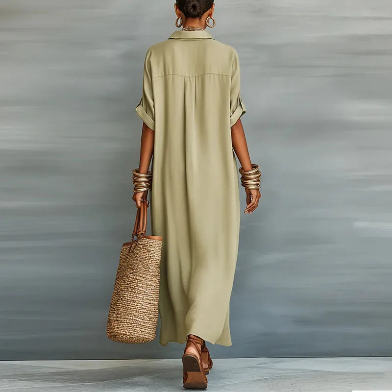 Robe Longue Femme Col Chemise Boutonnée Manches Courtes Lin Coton Casual Vacances Travail - Hiverline
