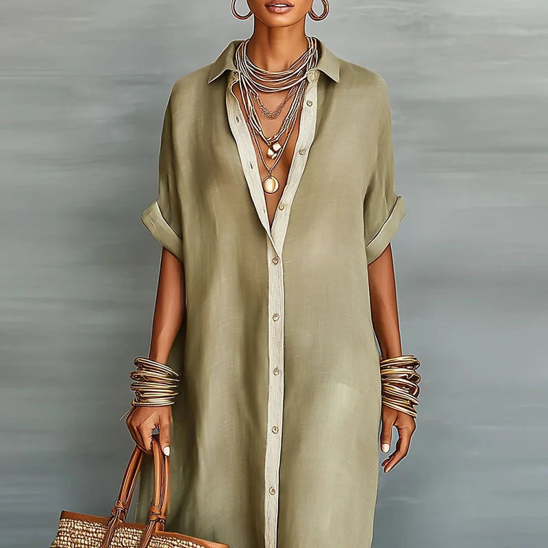 Robe Longue Femme Col Chemise Boutonnée Manches Courtes Lin Coton Casual Vacances Travail - Hiverline