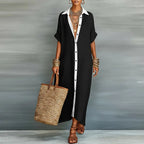 Robe Longue Femme Col Chemise Boutonnée Manches Courtes Lin Coton Casual Vacances Travail - Hiverline