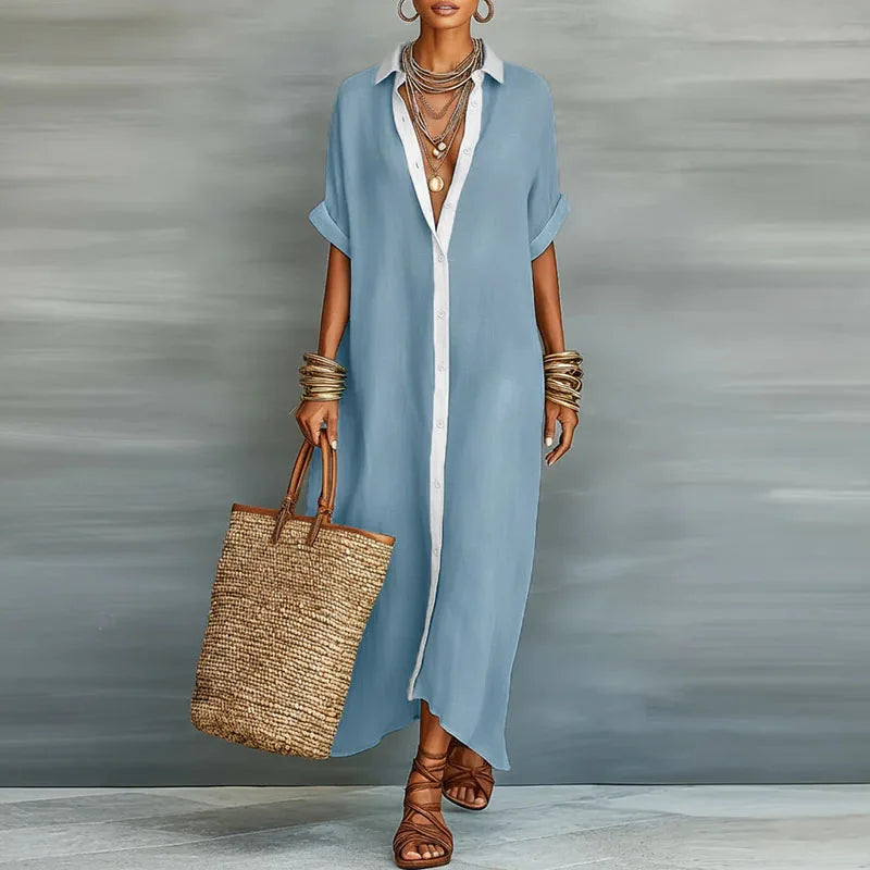 Robe Longue Femme Col Chemise Boutonnée Manches Courtes Lin Coton Casual Vacances Travail - Hiverline
