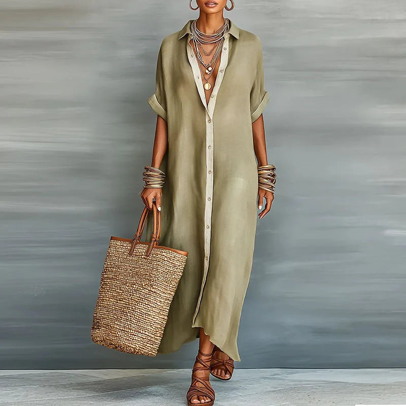 Robe Longue Femme Col Chemise Boutonnée Manches Courtes Lin Coton Casual Vacances Travail - Hiverline