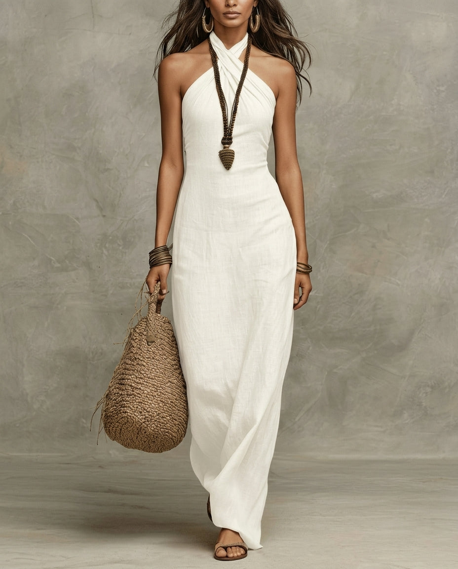 Robe longue femme col halter croisé drapé dos nu maxi - Hiverline