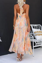 Robe Longue Femme Col Halter Imprimé Floral Aquarelle Dos Nu Mariage Invitée Cérémonie Été - Hiverline